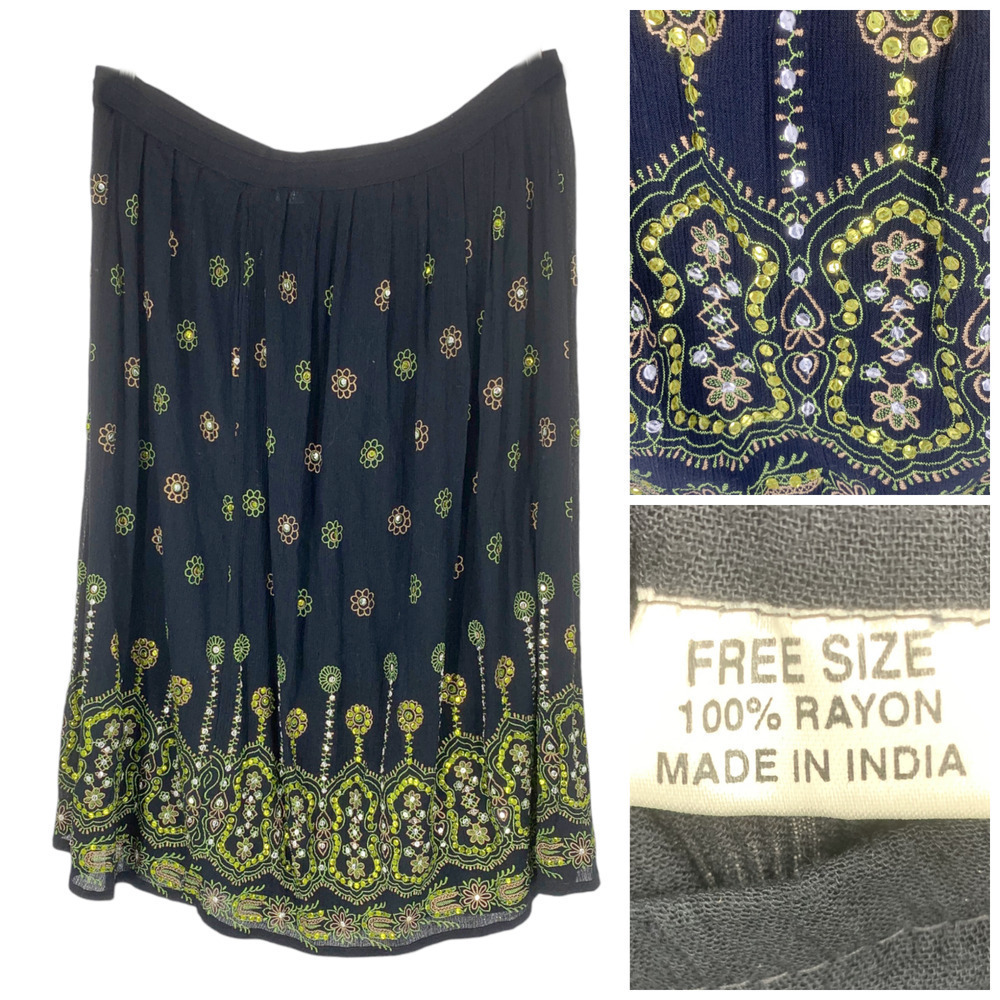 Vintage Y2K Black Beaded Sequined Gauze Bohemian Skirt O/S Made in India